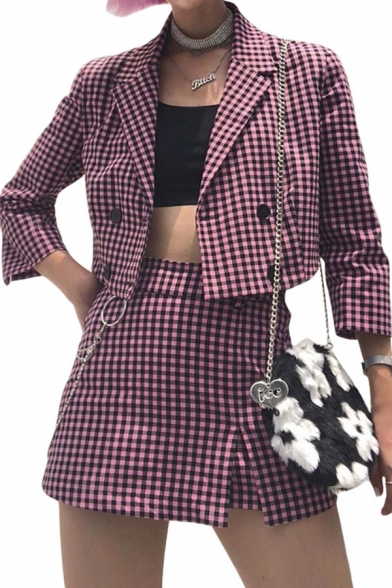 Womens Stylish Plaid Pattern Long Sleeve Double Breasted Slim Fit Crop Blazer