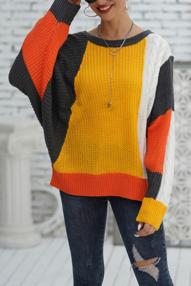 Womens Yellow and Grey Casual Colorblocked Geo Pattern Dolman Sleeve Loose Fit Batwing Sweater