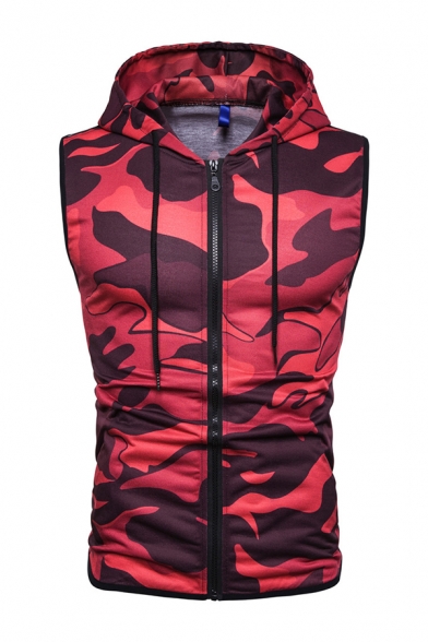 Active Mens Camo Letter Tape Sleeveless Full Zip Slim Gilet Waistcoat Hoodie