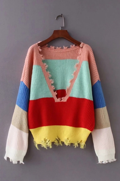Colorful Wide Stripe V-Neck Drop Shoulder Long Sleeve Ripped Raw-Cut Trim Loose Fit Pullover Sweater