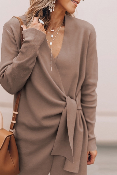 Fall Fashion V-Neck Long Sleeve Side Tied Slim Fit Asymmetric Longline Woolen Coat