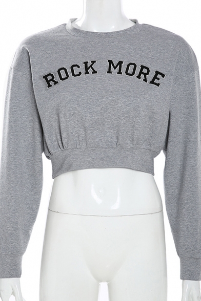 Fancy Letter ROCK MORE Printed Round Neck Long Sleeve Gray Cropped Sweatshirt