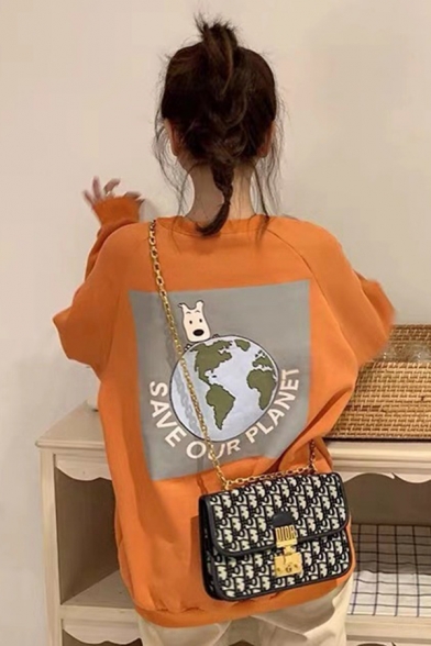 Girls Chic SAVE OUR PLANET Printed Back Long Sleeve Casual Loose Fit Pullover Graphic Sweatshirt