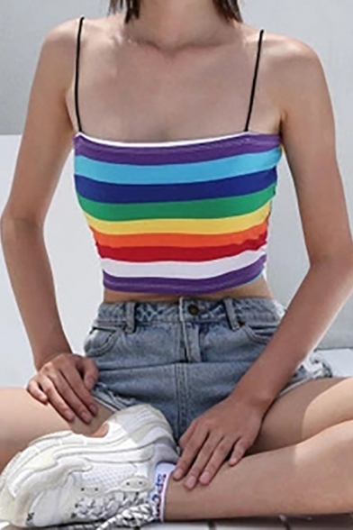 Girls Fashionable Rainbow Stripes Printed Spaghetti Strap Cropped Camisole Tank