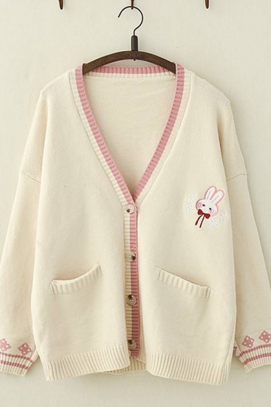 Girls Popular Rabbit Embroidery Long Sleeve Contrast Trim V-Neck Button Down Cardigan Sweater with Pocket