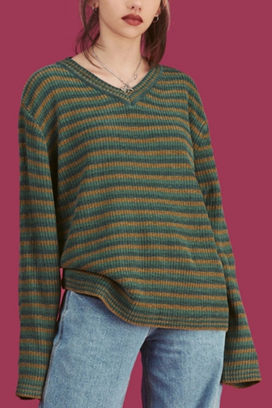 Girls Simple Dark Green Striped Printed V-Neck Long Sleeve Loose Fit Casual Pullover Sweater