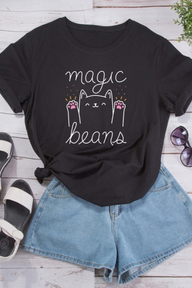 

Girls Summer Loose Cute Cat MAGIC BEAN Printed Short Sleeve Round Neck Graphic T-Shirt, Black;pink;white;purple;tan;yellow;dark gray;light gray;cyan;pea green, LC568763