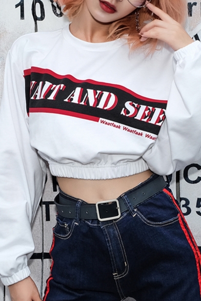 Hip Hop WAIT AND SEE Letter Printed Long Sleeve Cropped White Pullover Sweatshirt