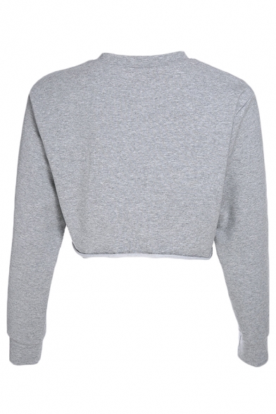 Ladies Simple Plain Round Neck Long Sleeve Loose Fit Cropped Sweatshirt