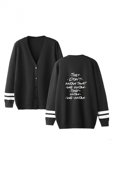 Letter THEY DON'T KNOW THAT WE KNOW THEY KNOW WE KNOW Print Stripes Sleeve Button Front Cardigan
