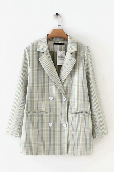 Light Green Plaid Pattern Long Sleeve Notched Lapel Double Breasted Longline Casual Suit with Pocket