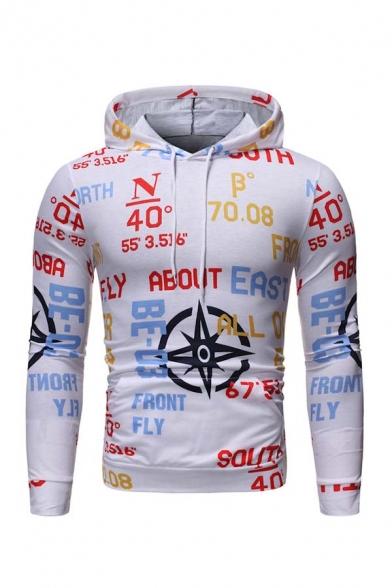 Men Casual Allover Letter Number Printed Long Sleeve Fitted Hoodie with Pocket