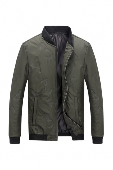 Mens Casual Number Embossed Long Sleeve Full Zip Slim Fit Army Green Lightweight Jacket
