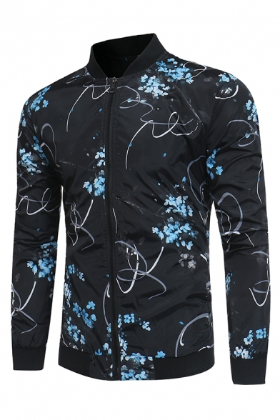 Mens Chic Floral Print Long Sleeve Zip Up Slim Fit Black Casual Jacket