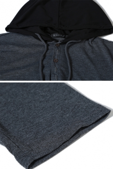 Mens Fashion Dark Gray Contrast Color Hood Button Front Long Sleeve Fitted Drawstring Hoodie
