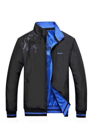 Mens Sportive Geo MUPUSEN Letter Printed Long Sleeve Zip Up Black & Blue Reversible Jacket Coat