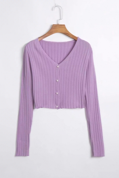 New Trendy Light Purple Long Sleeve Pearl Button Front Cropped Knit Cardigan Coat for Women