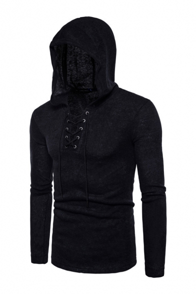 Plain Lace-Up Front Long Sleeve Slim Fit Casual Knitted Hoodie