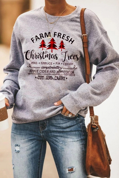 Popular Christmas Pattern Letter Printed Long Sleeve Gray Casual Pullover Sweatshirt