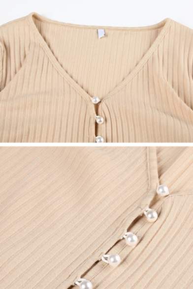 Sexy Nude Solid Color Pearl Embellished Long Sleeve Ribbed Knitted Crop Cardigan Top
