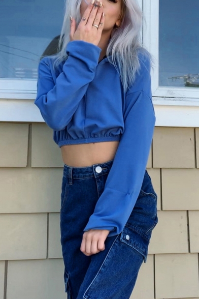Sexy Women Stand Collar Long Sleeve Zip Up Plain Blue Crop Top Sweatshirt