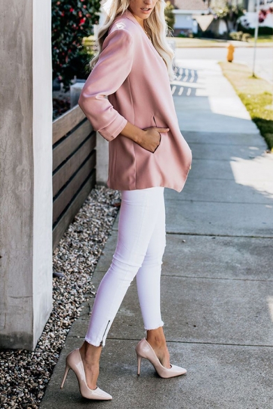 Simple Collarless Long Sleeve Open Front Solid Color Blazer Coat with Pocket for Women