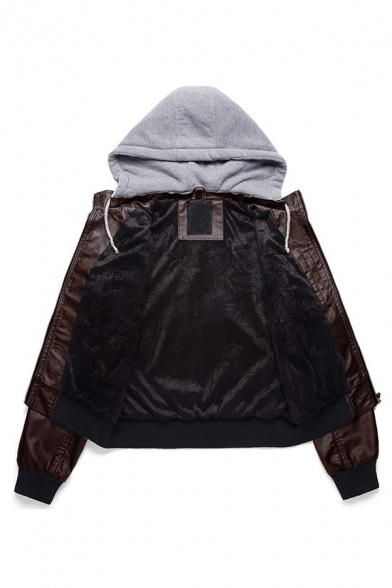Stylish Plain Long Sleeve Contrast Drawstring Hood Zip Up Slim Thick PU Jacket with Flap Pocket