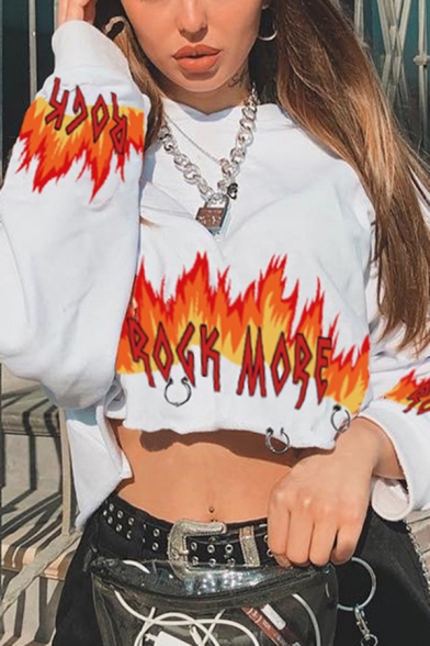 White Creative Letter ROCK MORE Fire Pattern Long Sleeve Circle Ring Embellished Cropped Hoodie