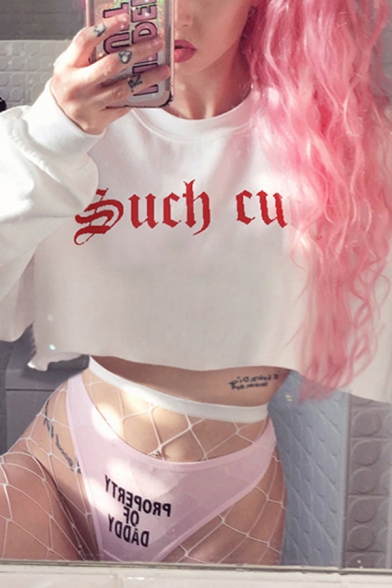 White Unique Letter SUCH CUTE Print Long Sleeve Loose Cropped Pullover Sweatshirt
