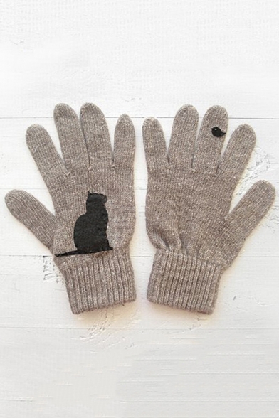 Winter Popular Cute Cat Bird Printed Warm Knit Gloves