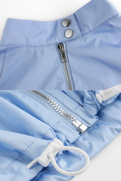 Women Classic Snap Collar Stripe Printed Long Sleeve Drawstring Hem Zip Up Blue Cropped Jacket