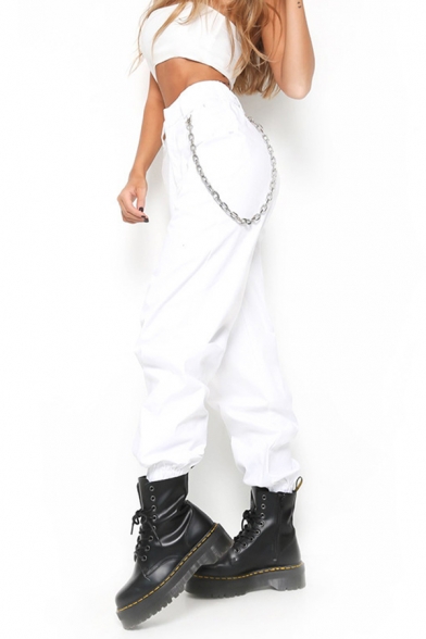 Womens Active High Waist Chain Decoration Plain Streetwear Casual Harem Pants