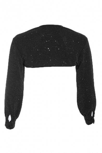 Womens Blingbling Fashion Push Buckle Front Long Sleeve Cutout Crop Top Black Sweatshirt