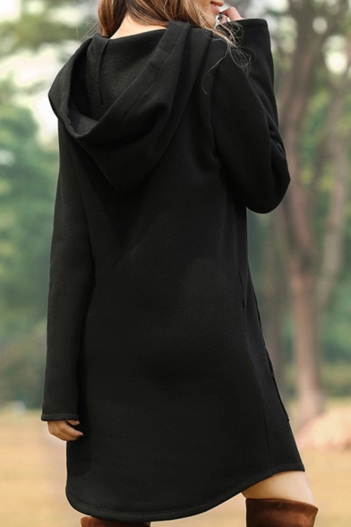 Womens Casual Plain Pouch Pocket Arc Hem Oversized Longline Hoodie Midi Dress
