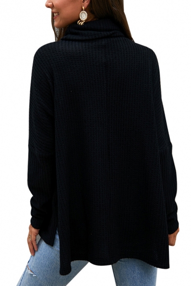 Womens Casual Plain Waffle Knit Cowl Neck Long Sleeve Oversized Pullover Sweater Top