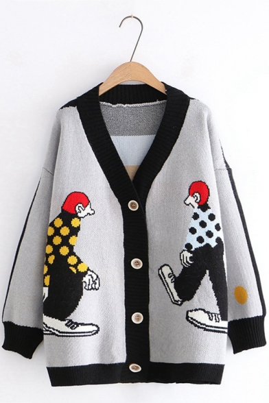 Womens Chic Cartoon Character Printed Long Sleeve Button Down Loose Fit Casual Cardigan Coat