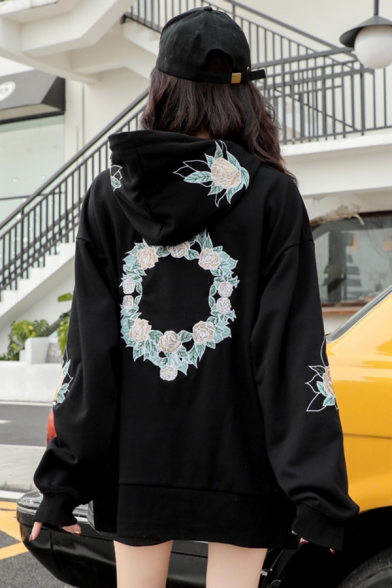 Womens Chic Floral Letter Embroidery Long Sleeve Side Split Black Baggy Drawstring Hoodie