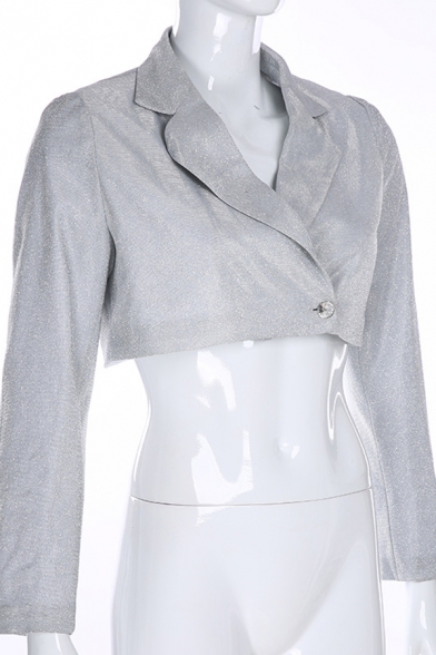 Womens Cool Silver Glitter Long Sleeve Single Button Cropped Blazer Coat