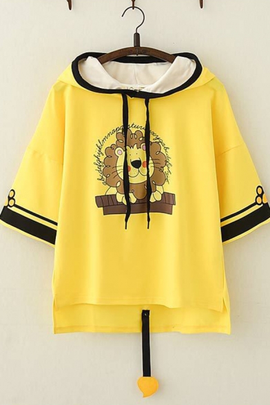 Womens Cute Lion Printed Short Sleeve Contrast Trim High Low Hem Yellow Hooded T-Shirt