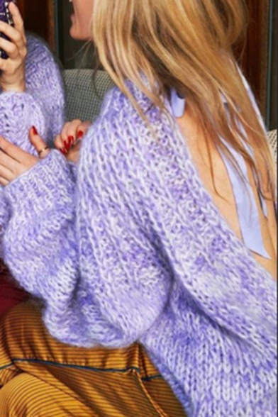 Womens Designer Backless Silk Ribbon Embellished Lantern Sleeve Plain Oversized Chic Pullover Knitted Sweater