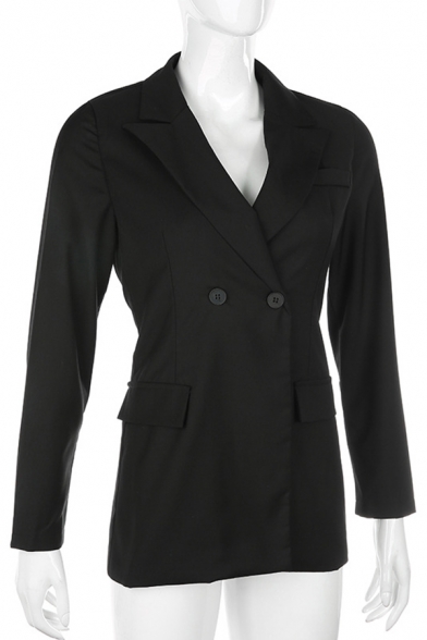 Womens Elegant Cutout Tied Back Long Sleeve Peak Collar Double Button Black Longline Blazer Coat