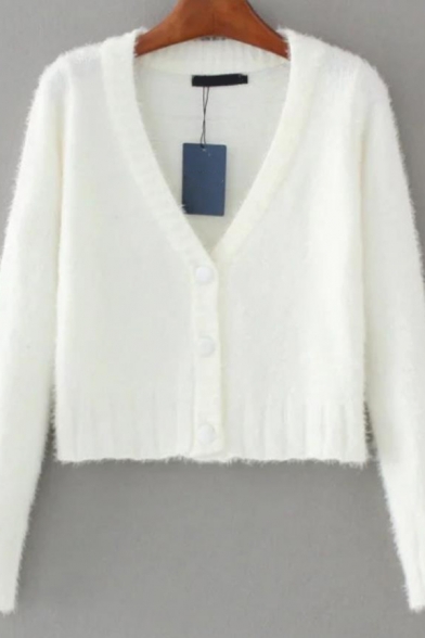 Womens Elegant Plain White Long Sleeve Button Front Soft Mohair Cropped Cardigan Coat