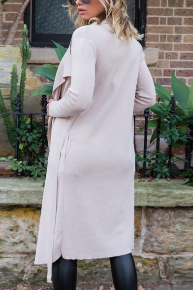 Womens Fall Stylish Khaki Plain Lapel Collar Long Sleeve Tied Waist Longline Cardigan Trench Coat