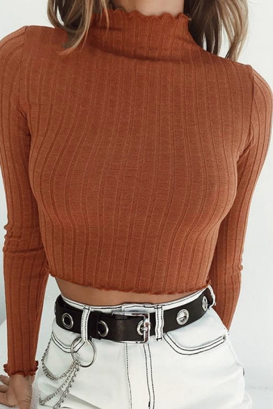 Womens Fashion Coffee High Neck Long-Sleeved Cropped Thin Pullover Sweater Top