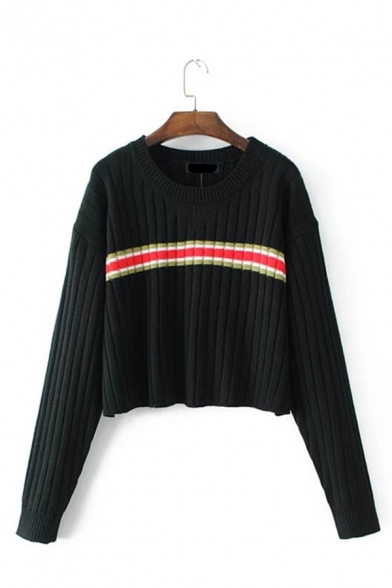 Womens Fashion Striped Print Round Neck Long Sleeve Ribbed Knit Oversized Cropped Pullover Sweater Top
