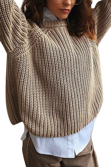 Womens Fashionable Crew Neck Long Sleeve Regular Khaki Chunky Knit Pullover Sweater