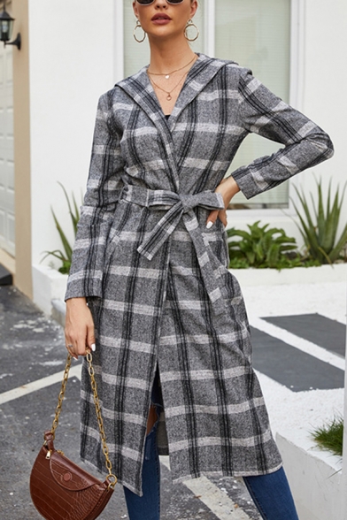 Womens Fashionable Plaid Bow Tied Waist Long Sleeve Casual Longline Woolen Overcoat