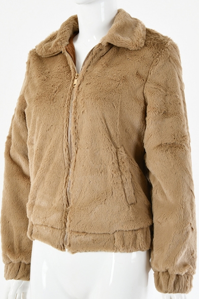 Womens Fashionable Plain Lapel Collar Long Sleeve Zip Up Plush Coat Short Jacket
