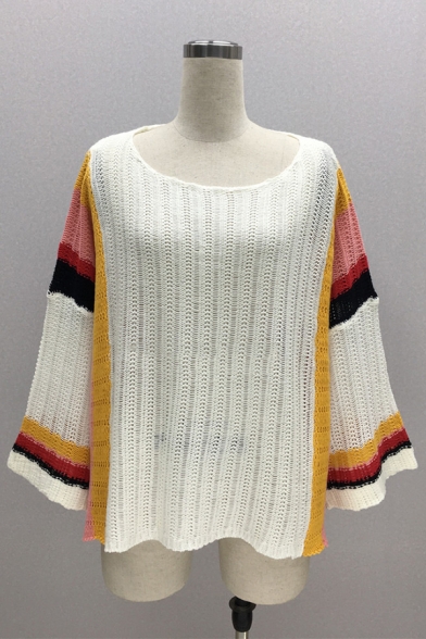 Womens Fashionable Scoop Neck Bell Sleeve Knitted Vertical Striped Baggy Thin Pullover Sweater