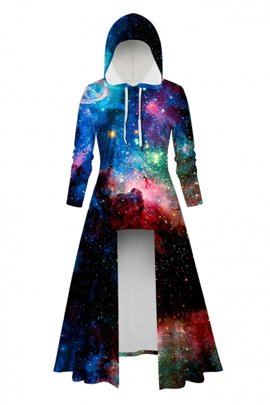 

Womens Hot Popular 3D Milk Star Galaxy Print Long Sleeve High Low Maxi Hooded Dress, Black;blue;dark blue;dark red;black-pink;blue-black, LC567891